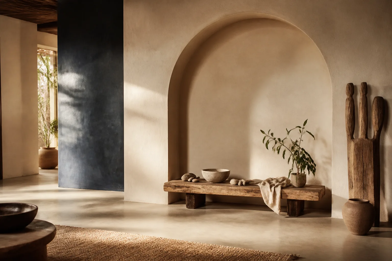 Ambiente conceptual da Casa com nicho em arco, altar discreto, madeira natural, pedras e luz quente.